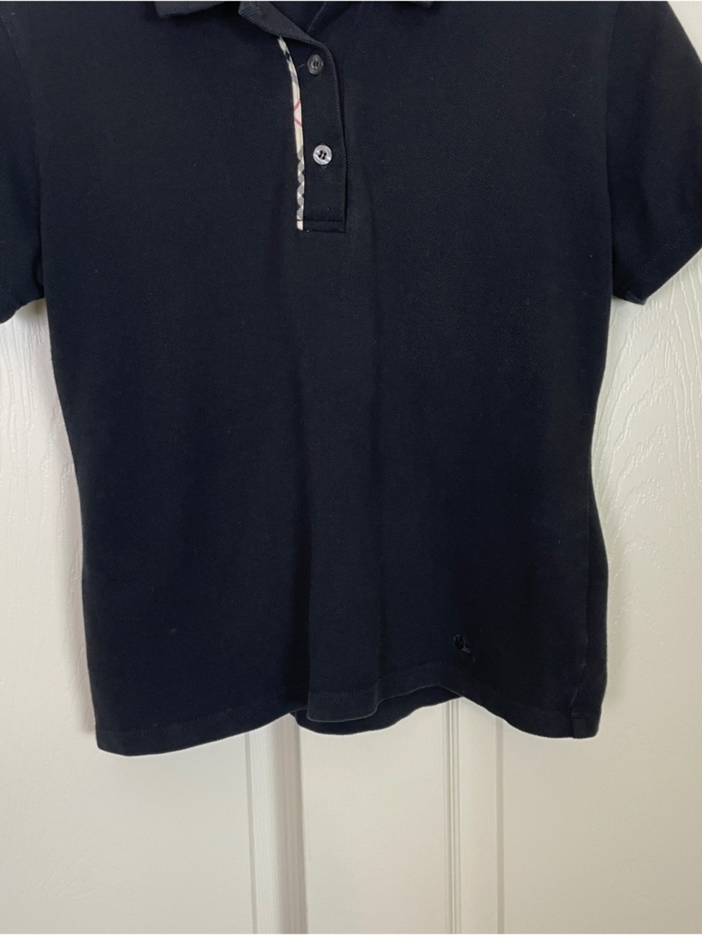 Burberry London Black Pique Knit Cropped Polo Shirt Plaid Trim Sz M - Picture 3 of 10
